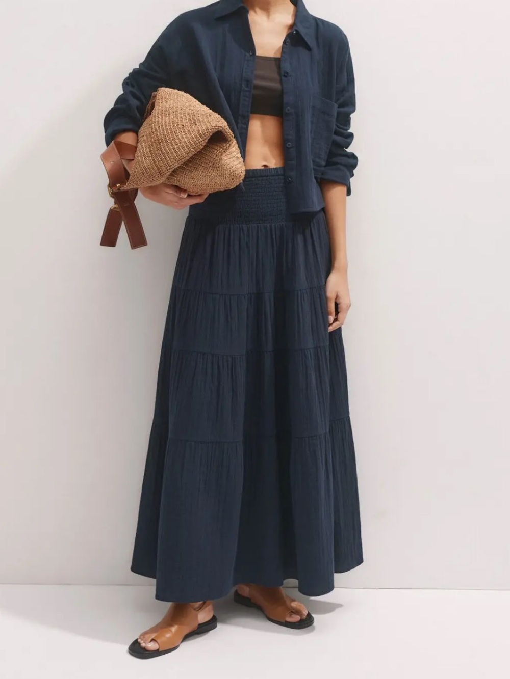 ME+EM Cheesecloth Tiered Maxi Skirt In Washed Black Smocked Waist Lightweight 6